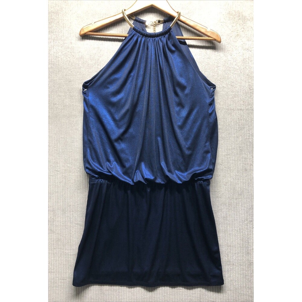 Jessica Simpson Dress Women 8 Metallic Blue Gold Chain Halter Cocktail Party - Picture 2 of 16